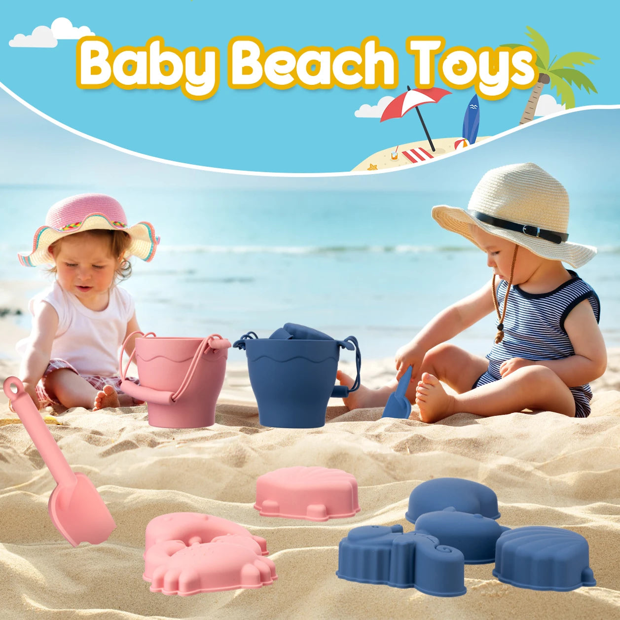 Set di giocattoli da spiaggia in silicone con secchiello e sei accessori