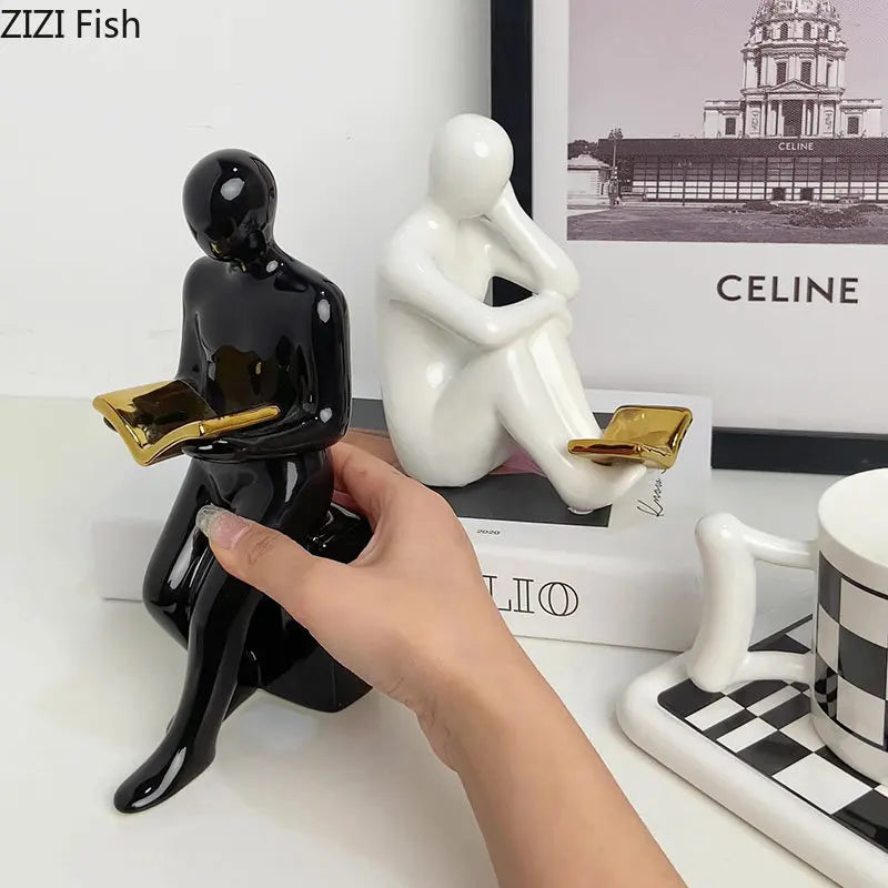 Reggilibri in ceramica a forma di lettore – Sculture minimaliste per librerie e angoli di lettura