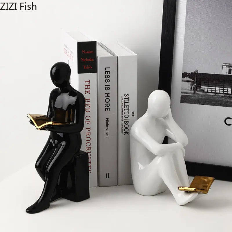 Reggilibri in ceramica a forma di lettore – Sculture minimaliste per librerie e angoli di lettura