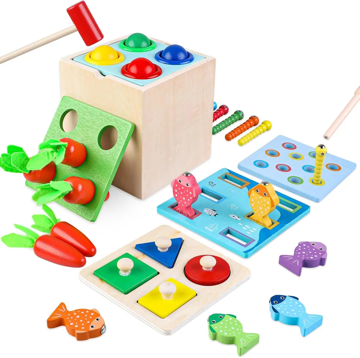 Kit di giochi Montessori in legno – Include scatola della permanenza dell’oggetto, carote, monete, forme da inserire e palline da far cadere. Ideale per lo sviluppo precoce dei bambini piccoli.