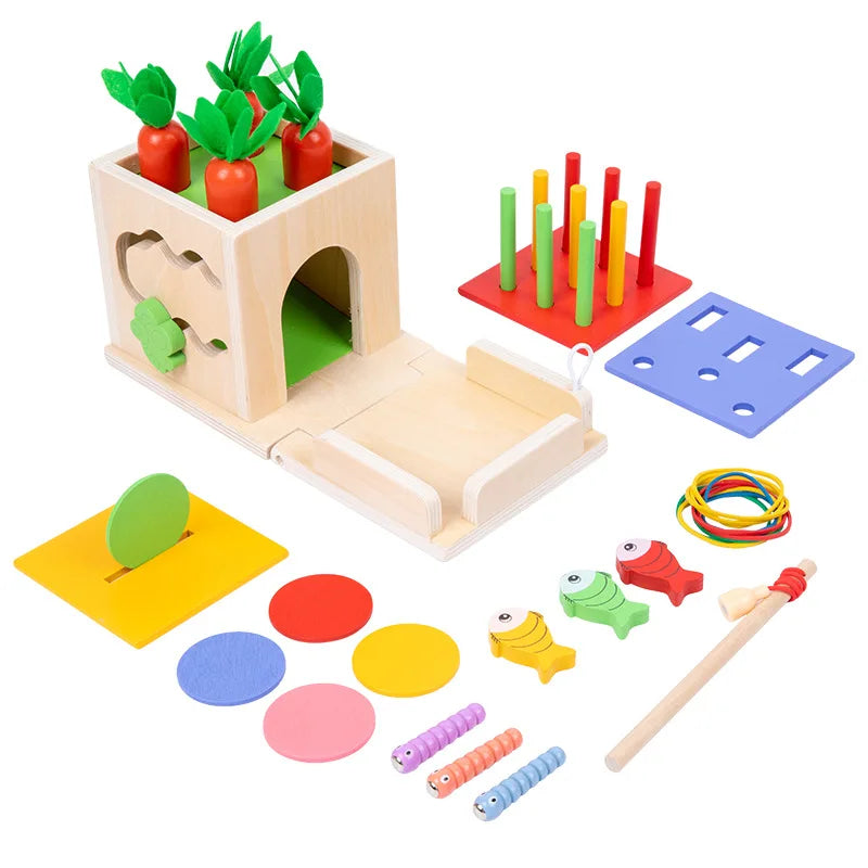 Kit di giochi Montessori in legno – Include scatola della permanenza dell’oggetto, carote, monete, forme da inserire e palline da far cadere. Ideale per lo sviluppo precoce dei bambini piccoli.
