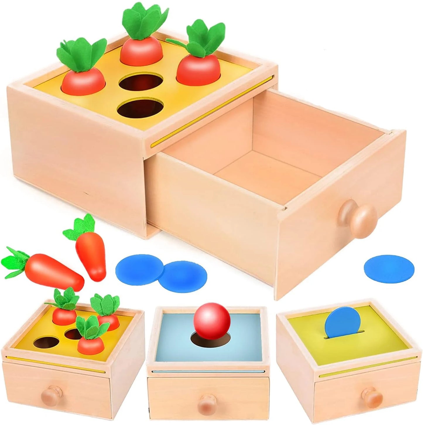 Kit di giochi Montessori in legno – Include scatola della permanenza dell’oggetto, carote, monete, forme da inserire e palline da far cadere. Ideale per lo sviluppo precoce dei bambini piccoli.