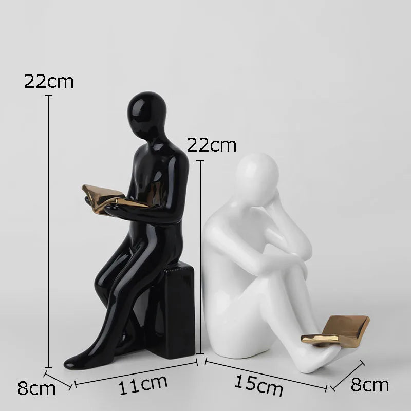 Reggilibri in ceramica a forma di lettore – Sculture minimaliste per librerie e angoli di lettura