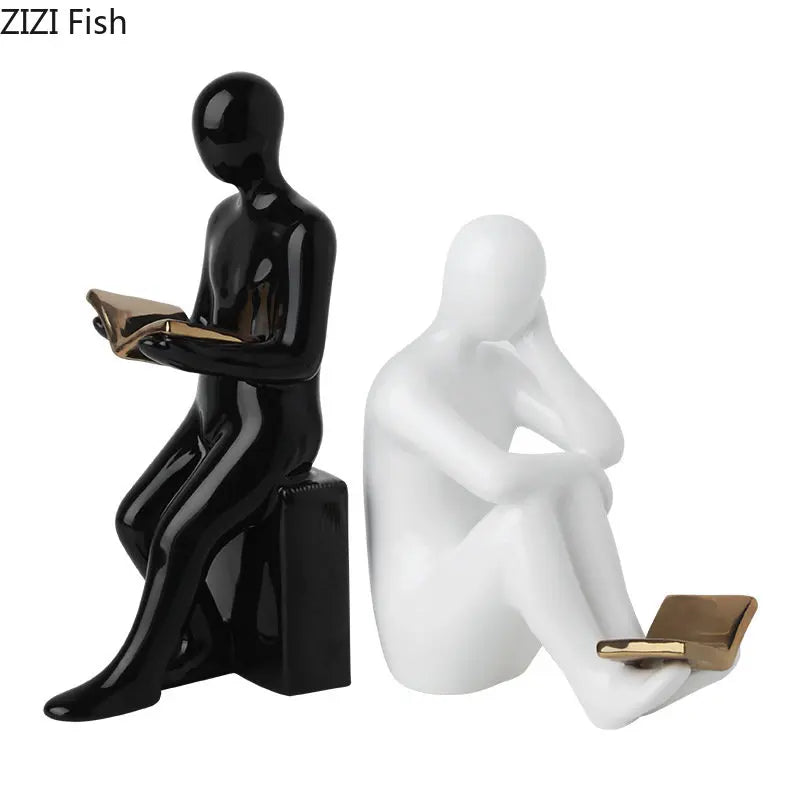 Reggilibri in ceramica a forma di lettore – Sculture minimaliste per librerie e angoli di lettura