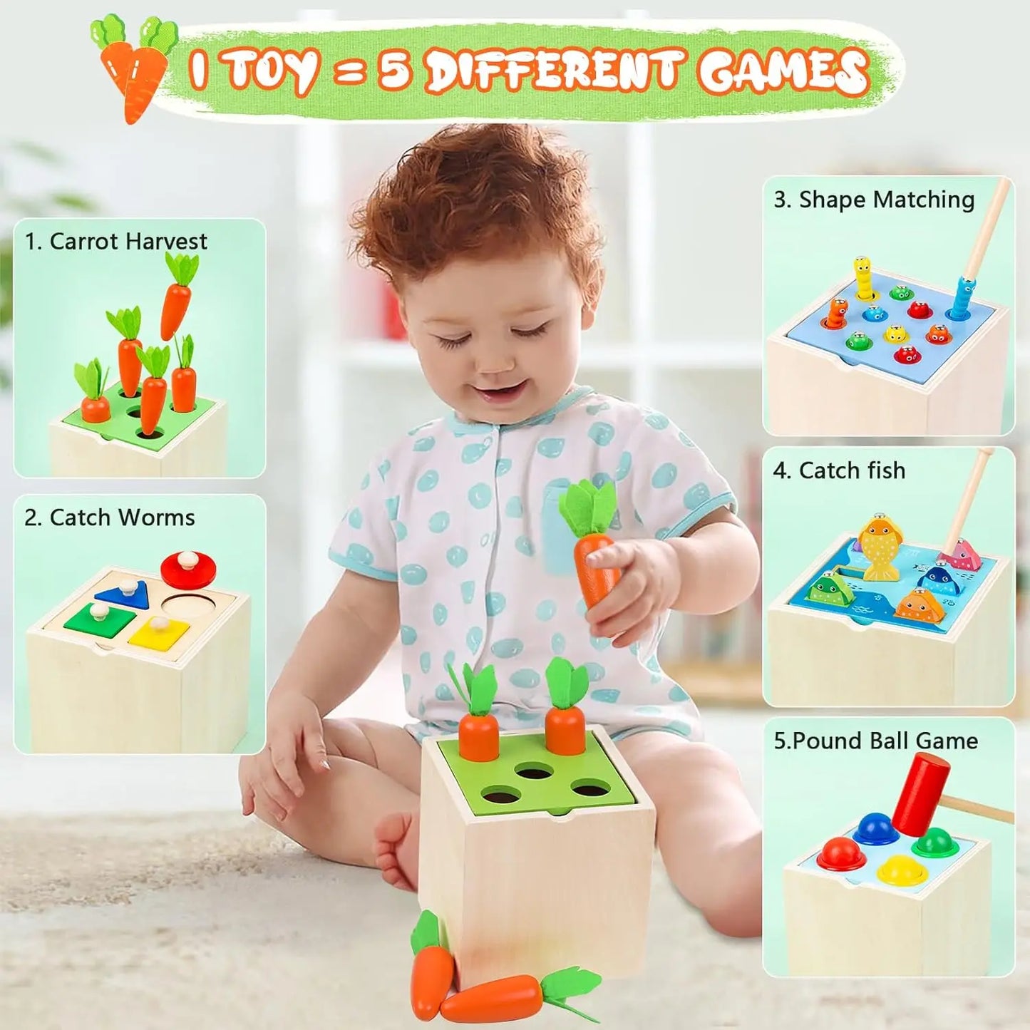 Kit di giochi Montessori in legno – Include scatola della permanenza dell’oggetto, carote, monete, forme da inserire e palline da far cadere. Ideale per lo sviluppo precoce dei bambini piccoli.