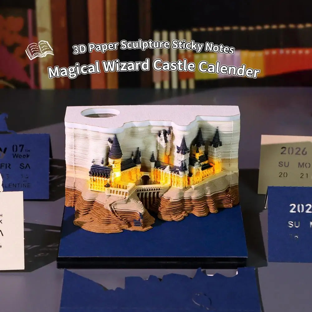 Calendario settimanale “Castello Magico” con luci – blocco note 3D in carta con box in acrilico, planner da scrivania, ideale come regalo per tutto l'anno