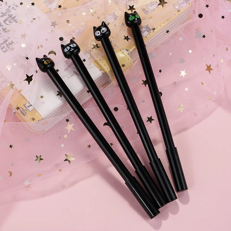 10 pezzi/lotto Penna gel kawaii con gattino nero, inchiostro nero, 0,5 mm, con occhi grandi da cartone animato, penne neutre, cancelleria e forniture per ufficio.
