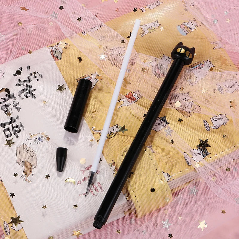 10 pezzi/lotto Penna gel kawaii con gattino nero, inchiostro nero, 0,5 mm, con occhi grandi da cartone animato, penne neutre, cancelleria e forniture per ufficio.
