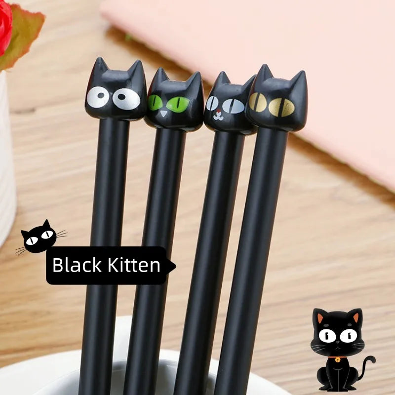 10 pezzi/lotto Penna gel kawaii con gattino nero, inchiostro nero, 0,5 mm, con occhi grandi da cartone animato, penne neutre, cancelleria e forniture per ufficio.