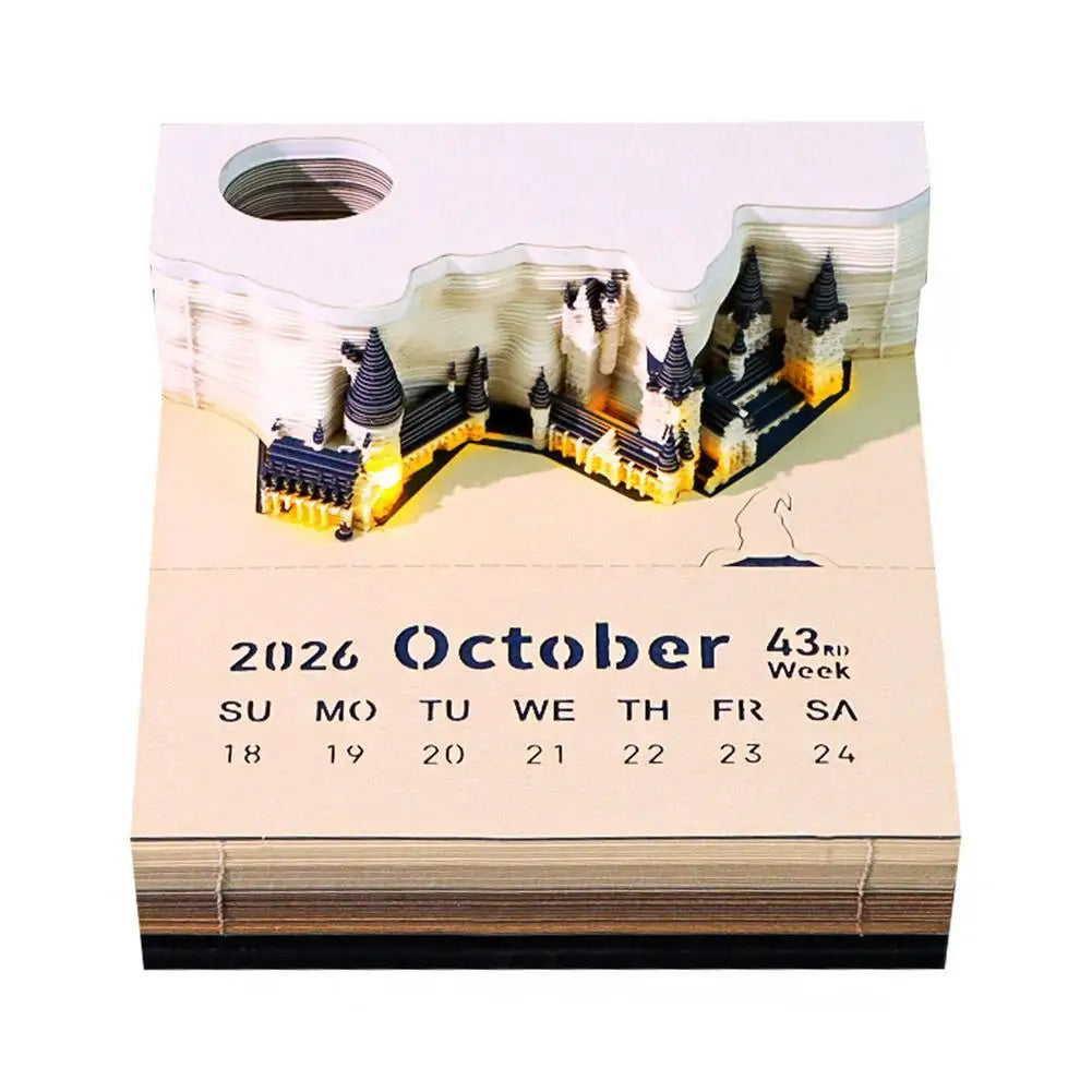 Calendario settimanale “Castello Magico” con luci – blocco note 3D in carta con box in acrilico, planner da scrivania, ideale come regalo per tutto l'anno