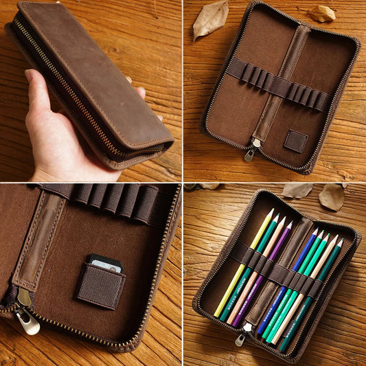 Astuccio da scrittore multifunzione in vera pelle – Portapenne in cuoio con scomparti, organizer per cancelleria.