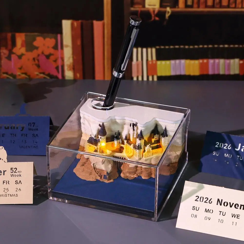 Calendario settimanale “Castello Magico” con luci – blocco note 3D in carta con box in acrilico, planner da scrivania, ideale come regalo per tutto l'anno