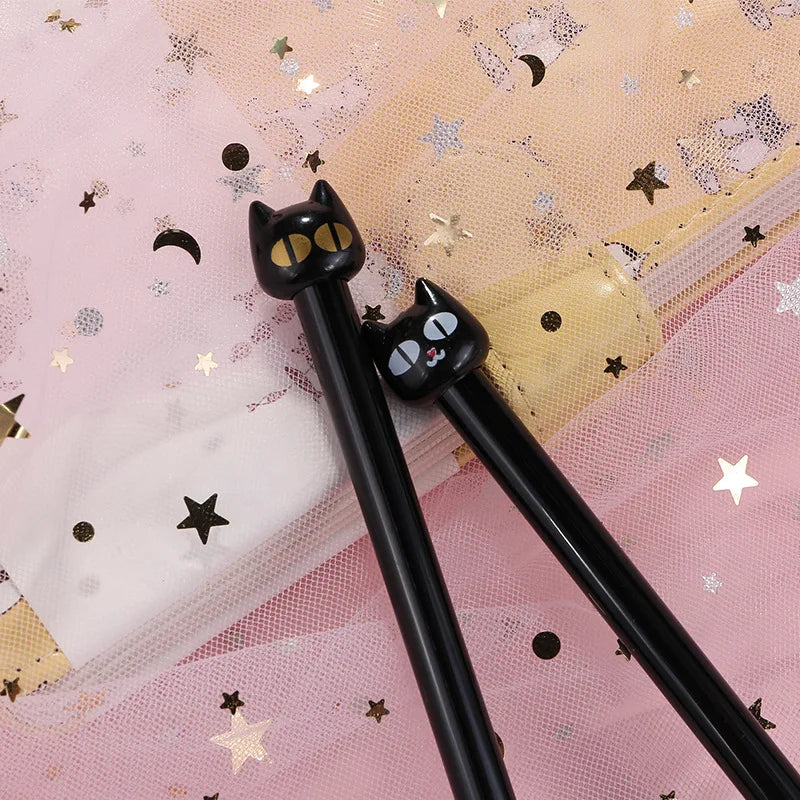 10 pezzi/lotto Penna gel kawaii con gattino nero, inchiostro nero, 0,5 mm, con occhi grandi da cartone animato, penne neutre, cancelleria e forniture per ufficio.