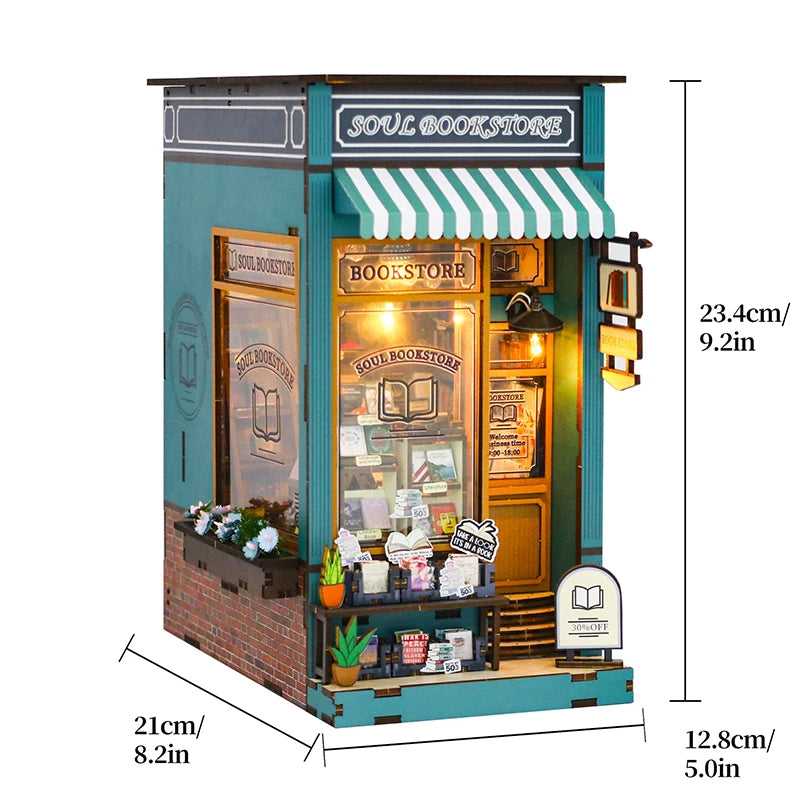 Libreria Nook in Legno Fermalibri - Decorazione per Scaffale con Luci LED.