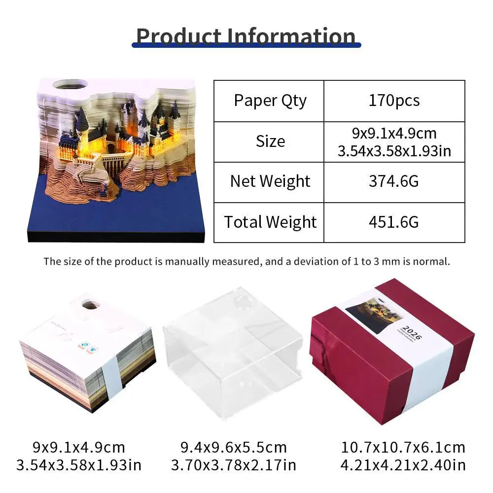 Calendario settimanale “Castello Magico” con luci – blocco note 3D in carta con box in acrilico, planner da scrivania, ideale come regalo per tutto l'anno