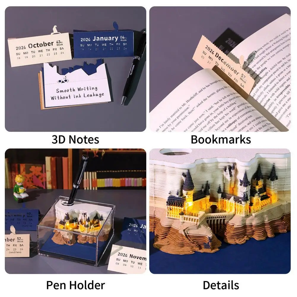 Calendario settimanale “Castello Magico” con luci – blocco note 3D in carta con box in acrilico, planner da scrivania, ideale come regalo per tutto l'anno