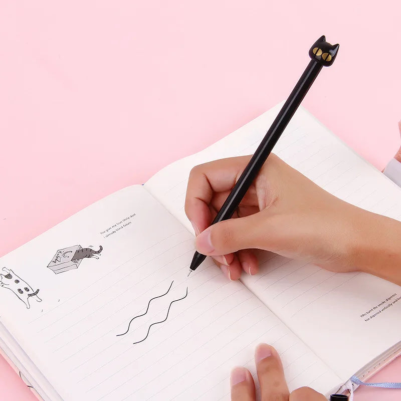 10 pezzi/lotto Penna gel kawaii con gattino nero, inchiostro nero, 0,5 mm, con occhi grandi da cartone animato, penne neutre, cancelleria e forniture per ufficio.